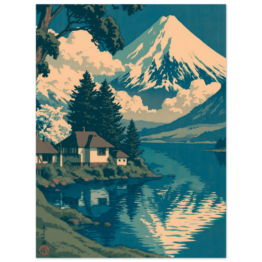 Lake House Vintage poster – retro anime lakeside house scene