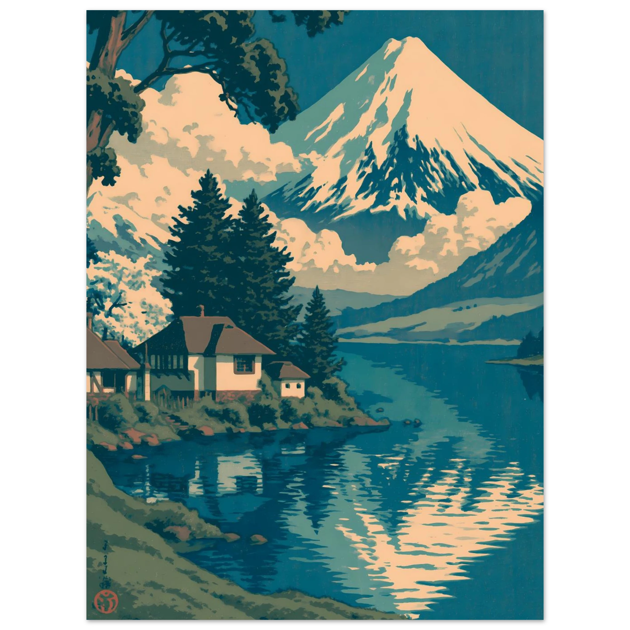 Lake House Vintage poster – retro anime lakeside house scene