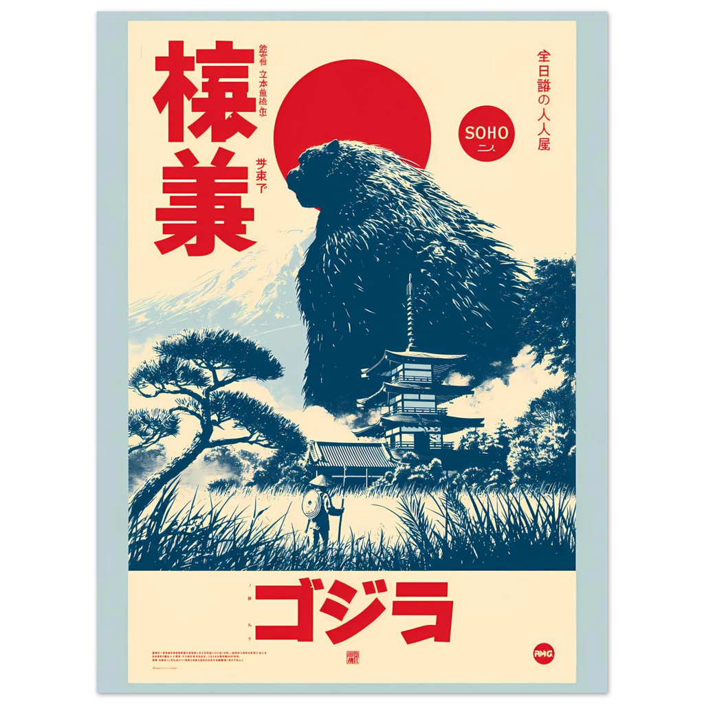 Kaiju Pagoda poster – anime kaiju looming behind a Japanese pagoda