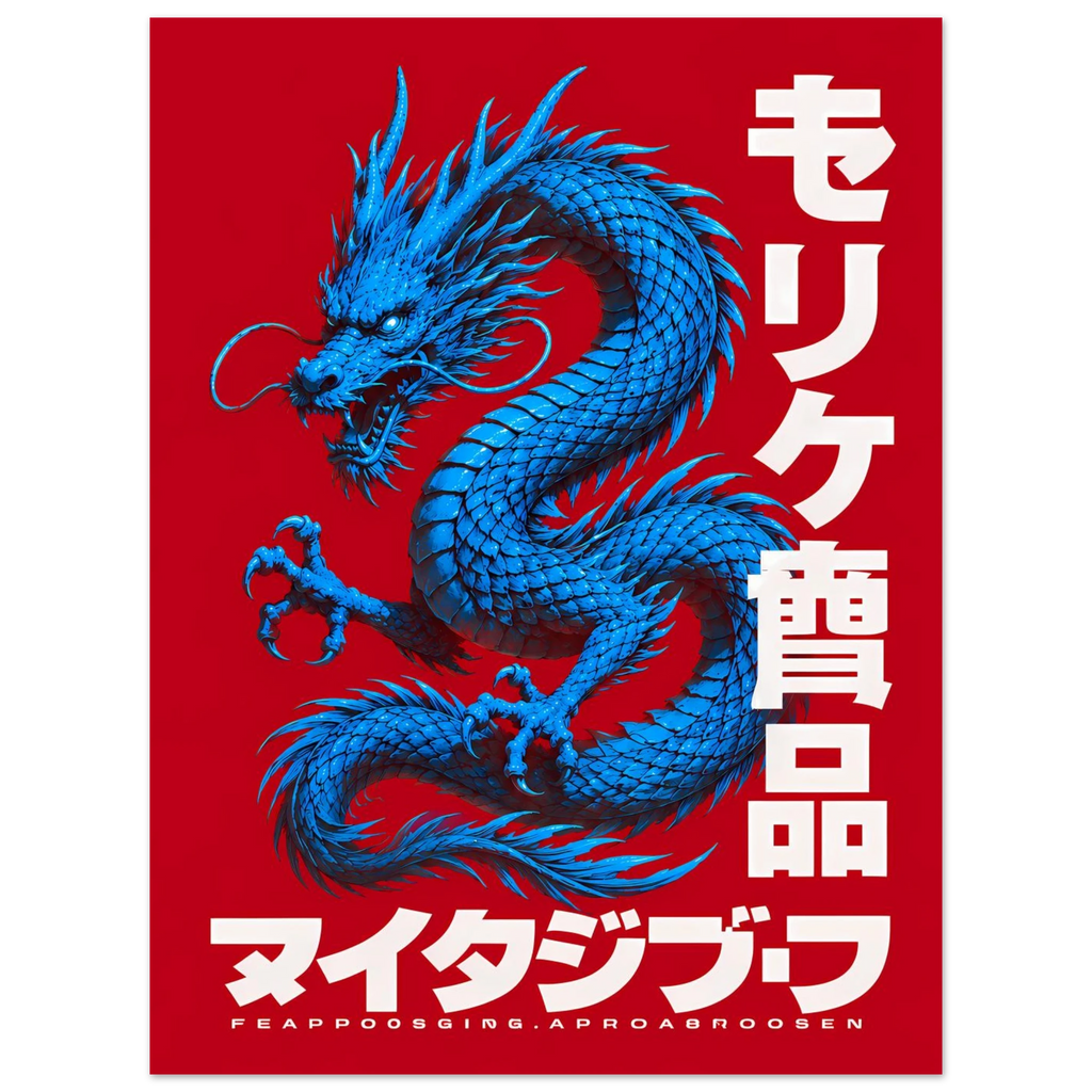 Red Blue Dragon poster – blue dragon coiling on bright red background