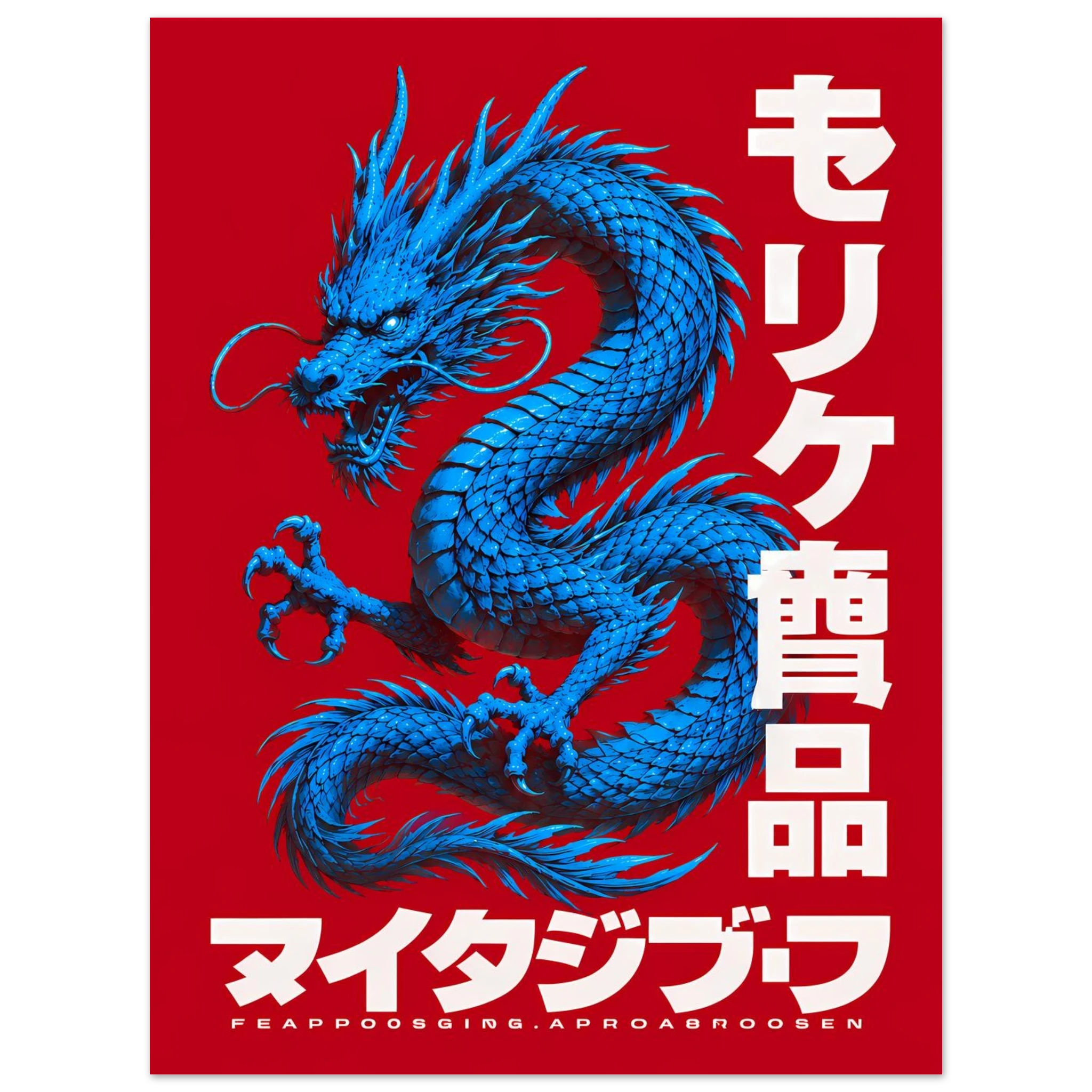 Red Blue Dragon poster – blue dragon coiling on bright red background