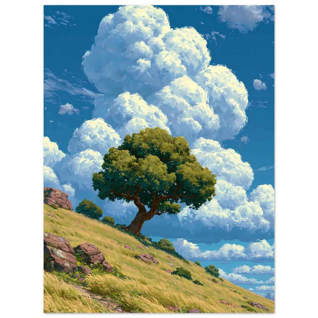 Cloud Tree Hill poster – anime tree on a hill under big clouds