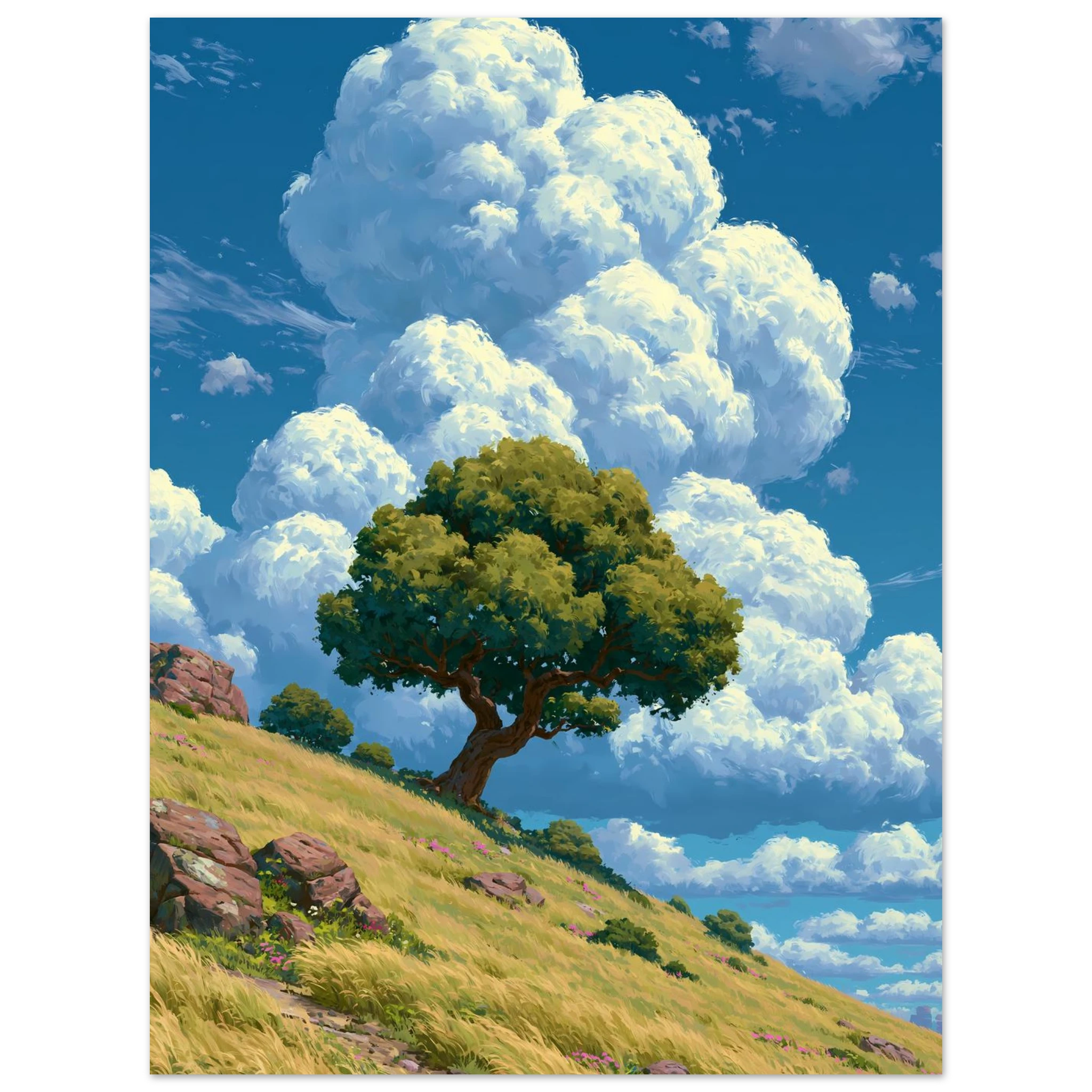 Cloud Tree Hill poster – anime tree on a hill under big clouds