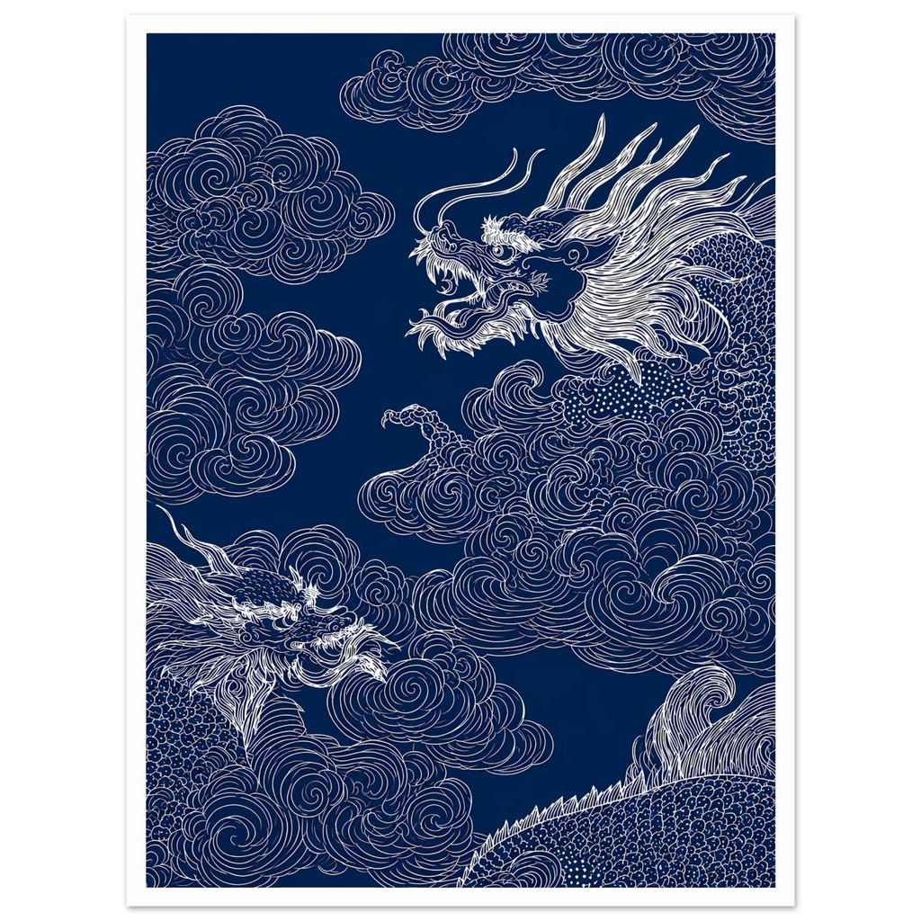Blue Dragon Cloud poster – blue Japanese dragon winding through clouds