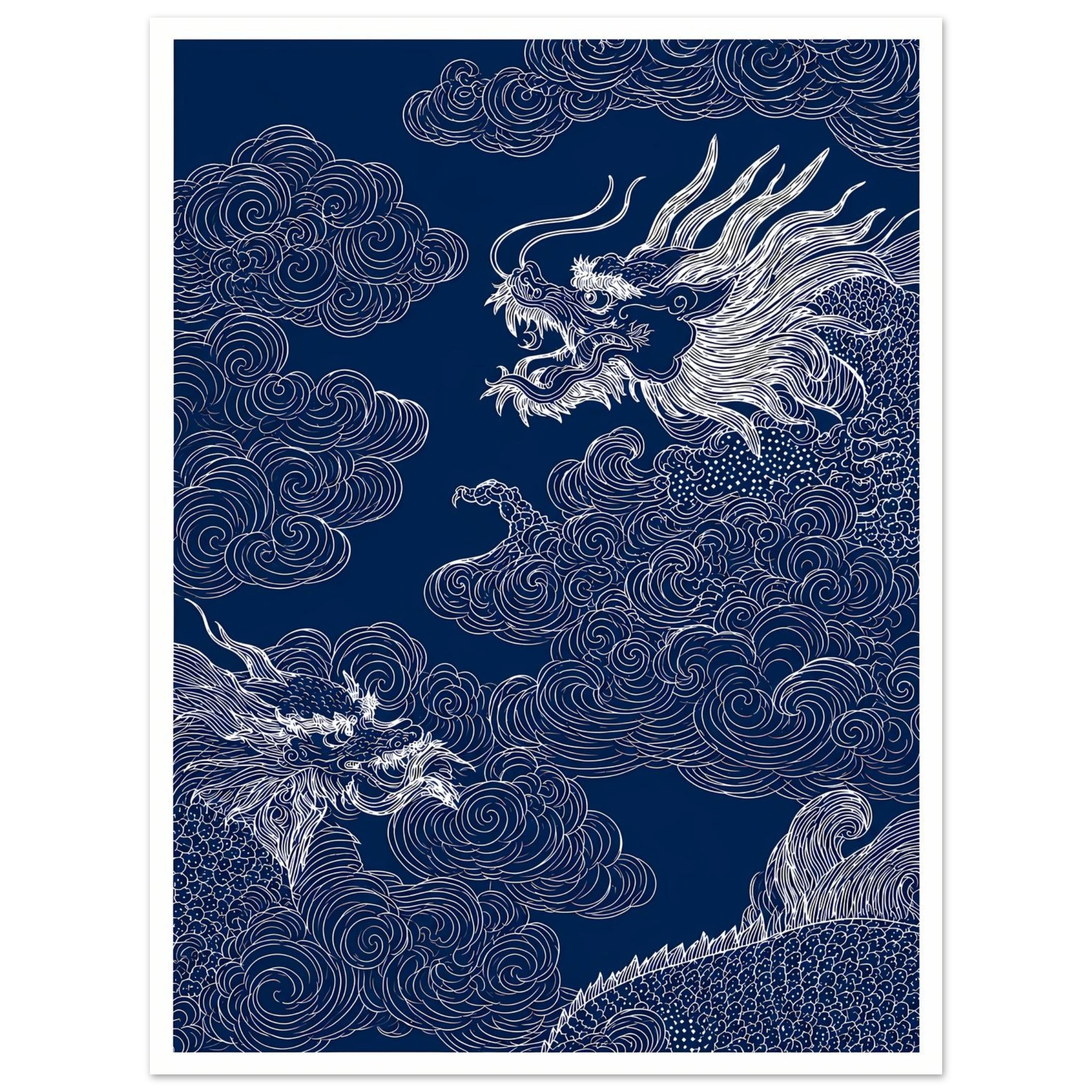Blue Dragon Cloud poster – blue Japanese dragon winding through clouds