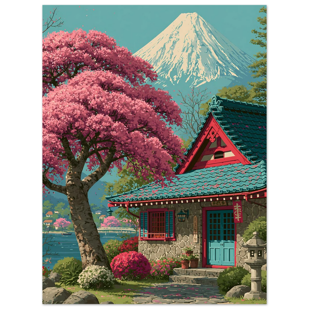 Shrine Sakura poster – anime Japanese shrine among cherry blossoms