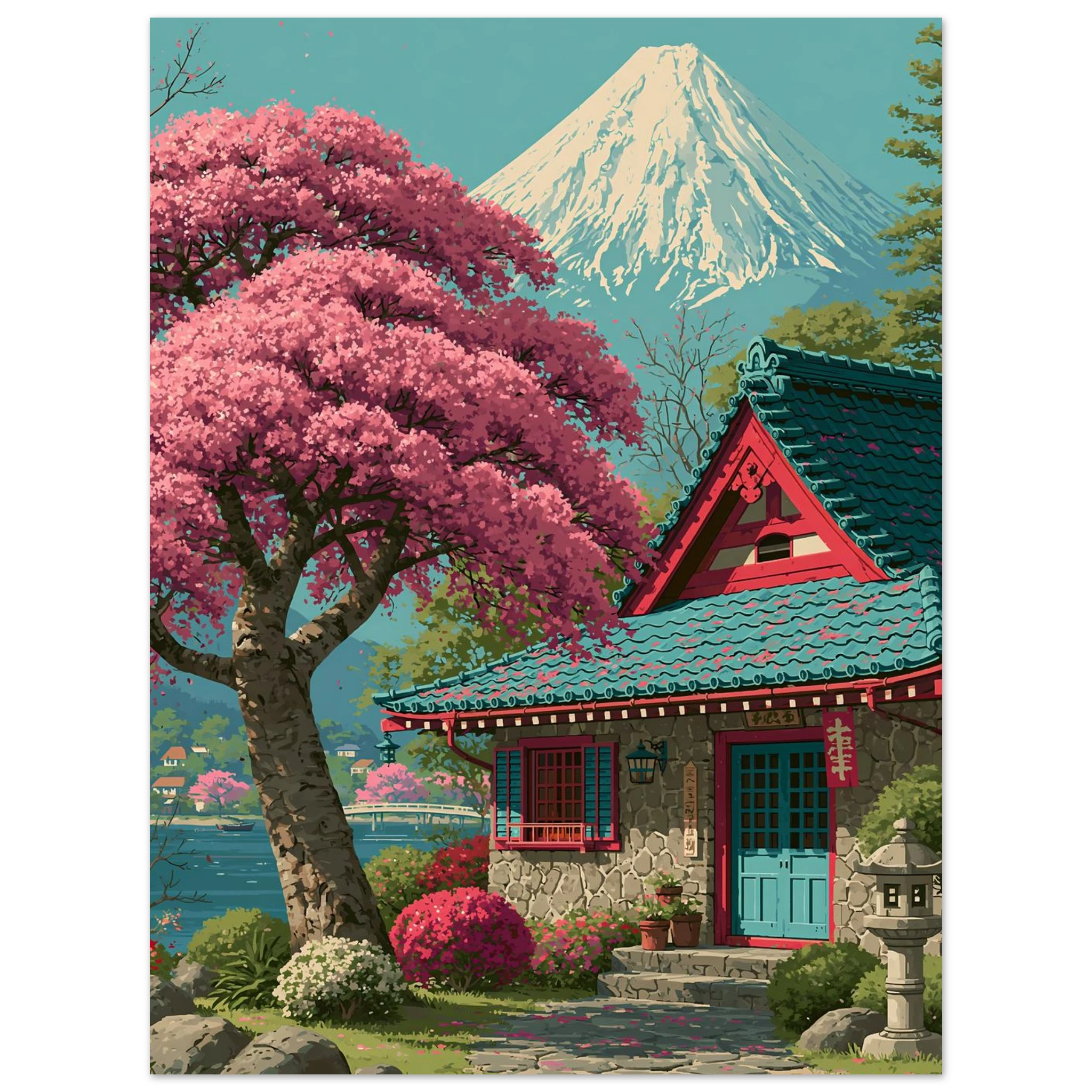 Shrine Sakura poster – anime Japanese shrine among cherry blossoms